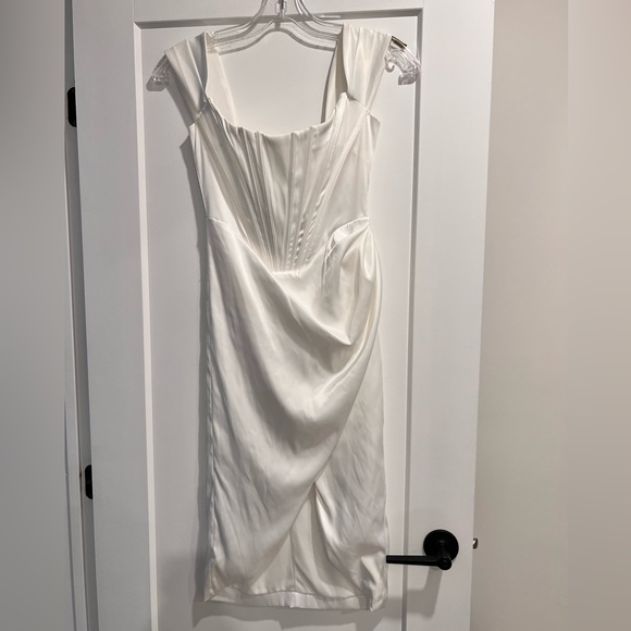 Draped Shoulder Satin dress made like a Corset Bustier. Midi Dress One Side - Picture 1 of 2